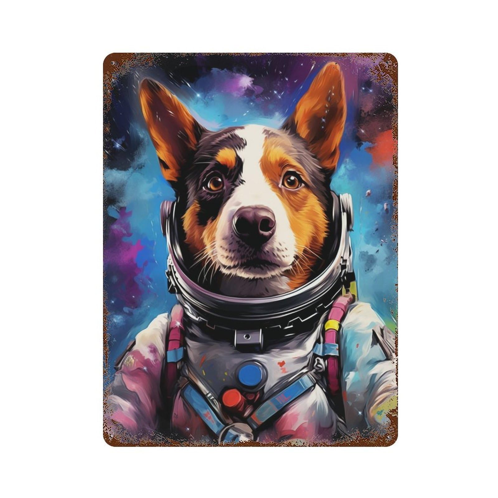 Space Dog Explorer-12 Vintage Rust Metal Sign 15.7"x11.8", Ideal for Bistro, Counter And Cafe Decor