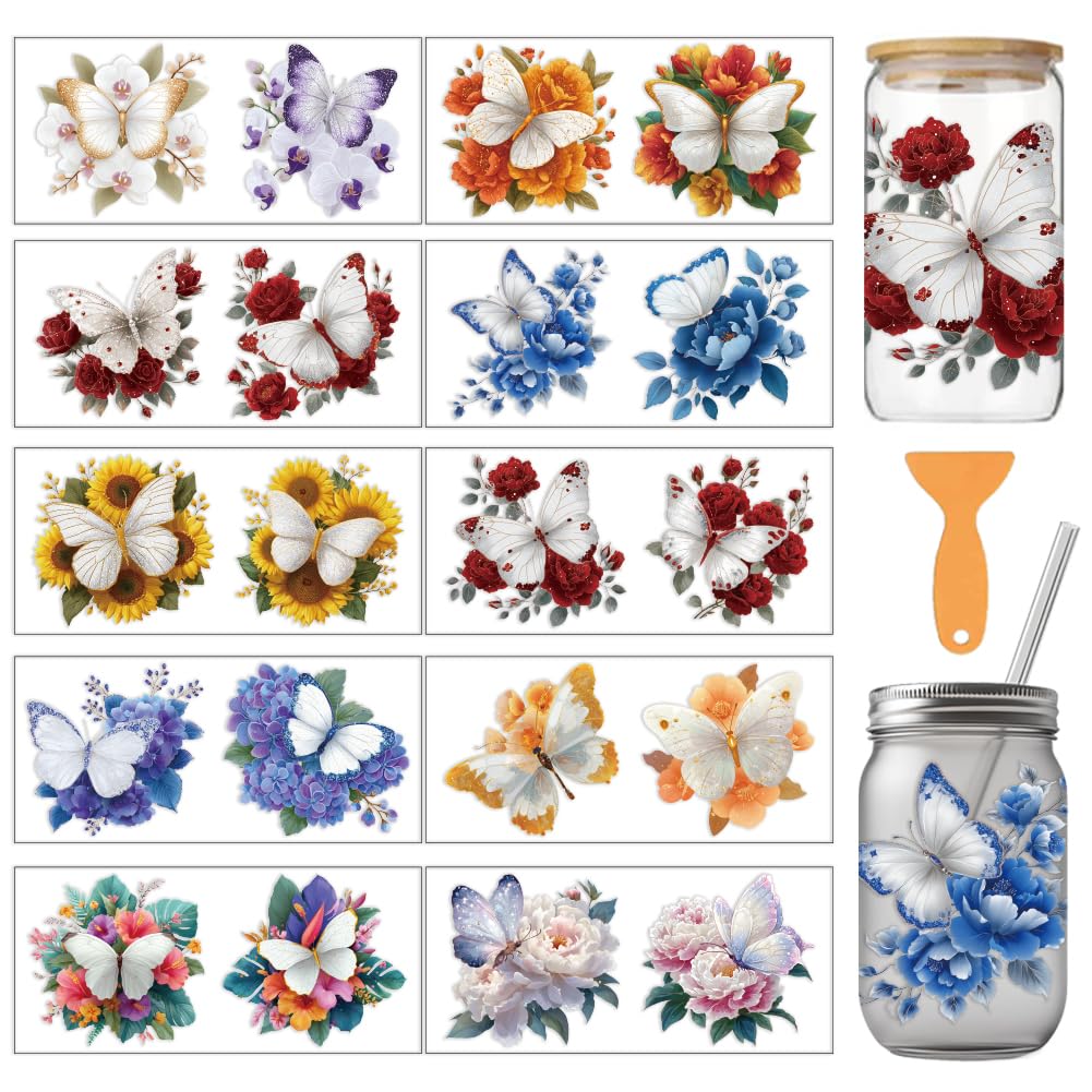 arricraft 10 Pcs White Butterfly PVC Cup Transfer Stickers, Butterfly on Flowers Pattern UV Waterproof Cup Sticker for 16 oz Glasses Window Home Printing Decoration 24x11cm โ image 1