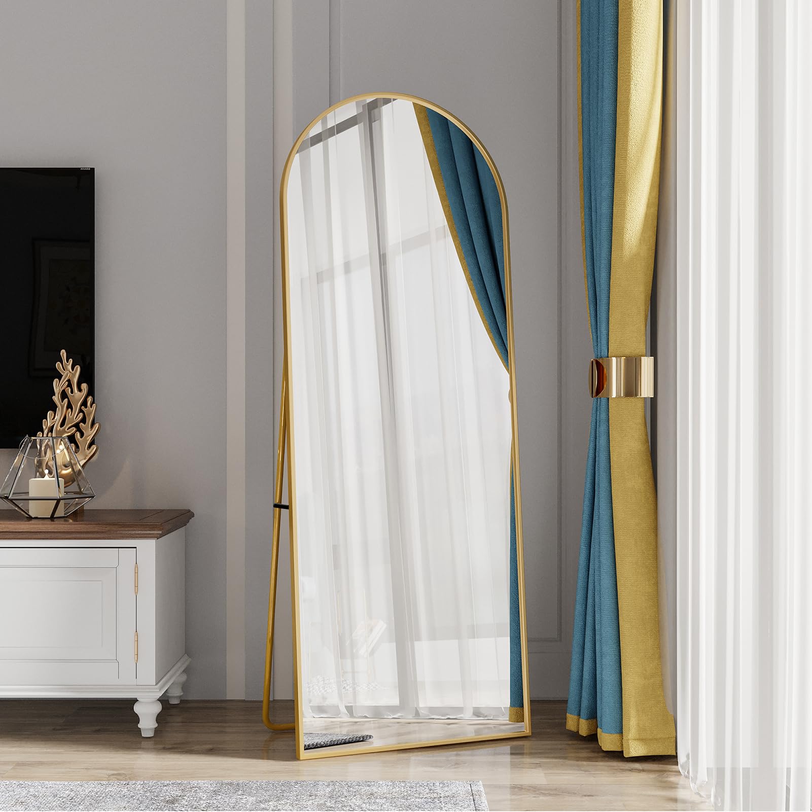 BRILVERDE Miroir pleine longueur, arc, 162 x 53 cm, grand miroir mural pleine longueur, avec cadre en aluminium, miroir mural complet avec support, pour chambre à coucher, entrée, couloir (doré A)