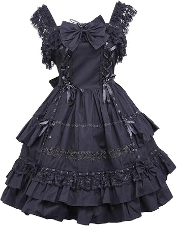 Antaina Black Cotton Ruffle Lace Bows Gothic Punk Sexy Lolita Cosplay Dress