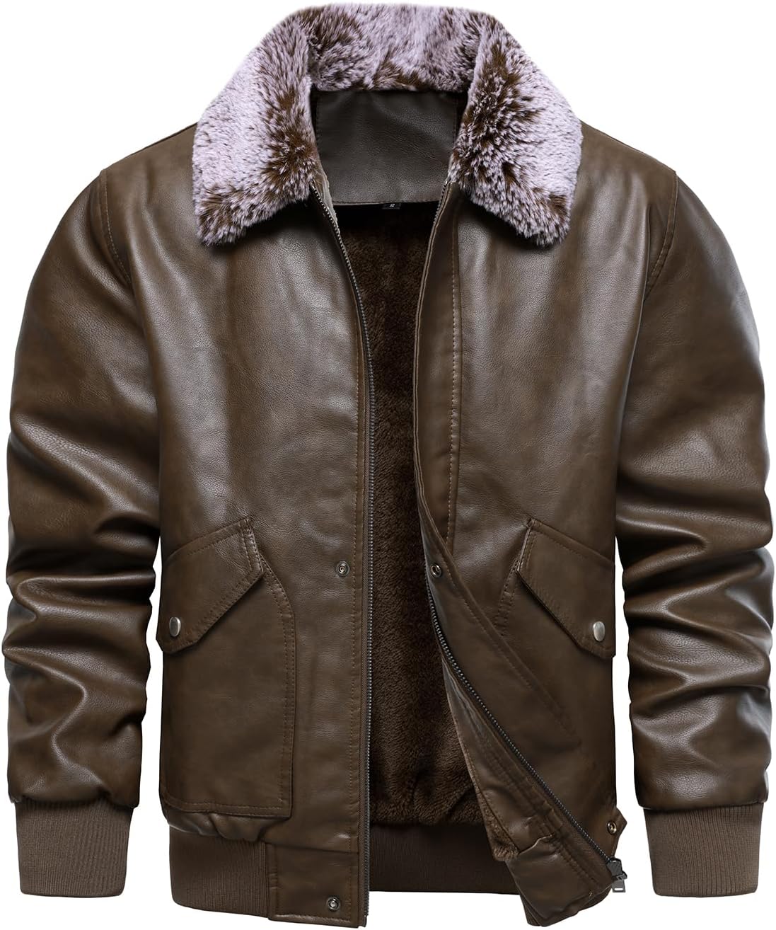 HOOD CREW Mens Faux Leather Flight Bomber Jacket with Fur Collar Winter Warm Fleece Lined Jackets - Image 2