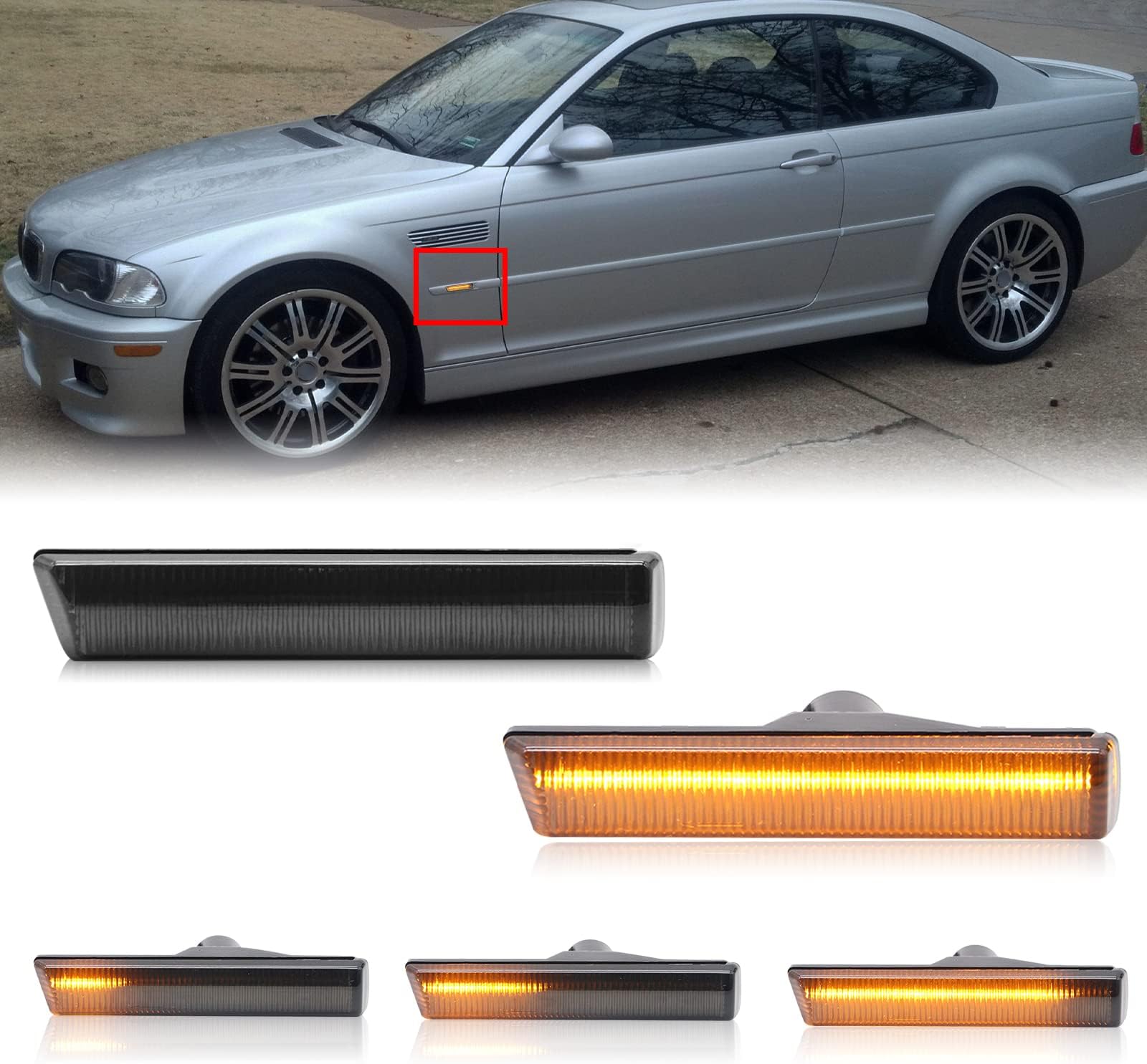 Sequential LED Turn Signal Lights Replacement for 7 Series E38 1995-2001, 3 Series E46 M3 2001-2006, Smoked Lens Front Amber Dynamic Fender Indicator Side Marker Lamp, Replace OE 63137165845