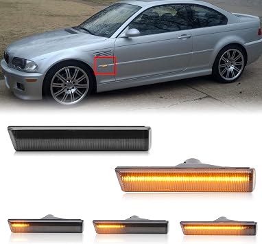 Sequential LED Turn Signal Lights Replacement for 7 Series E38 1995-2001, 3 Series E46 M3 2001-2006, Smoked Lens Front Amber Dynamic Fender Indicator Side Marker Lamp, Replace OE 63137165845