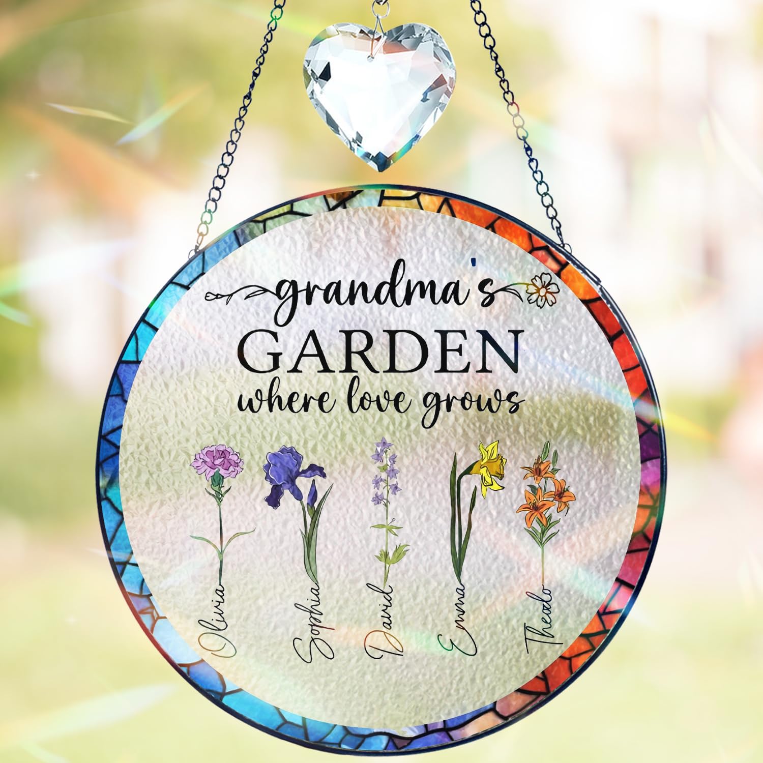Customized Birth Month Flower Stained Glass Suncatcher, Personalized Grandma Garden Sun Catcher, Custom Grandma's Garden Decor with Names, for Mom or