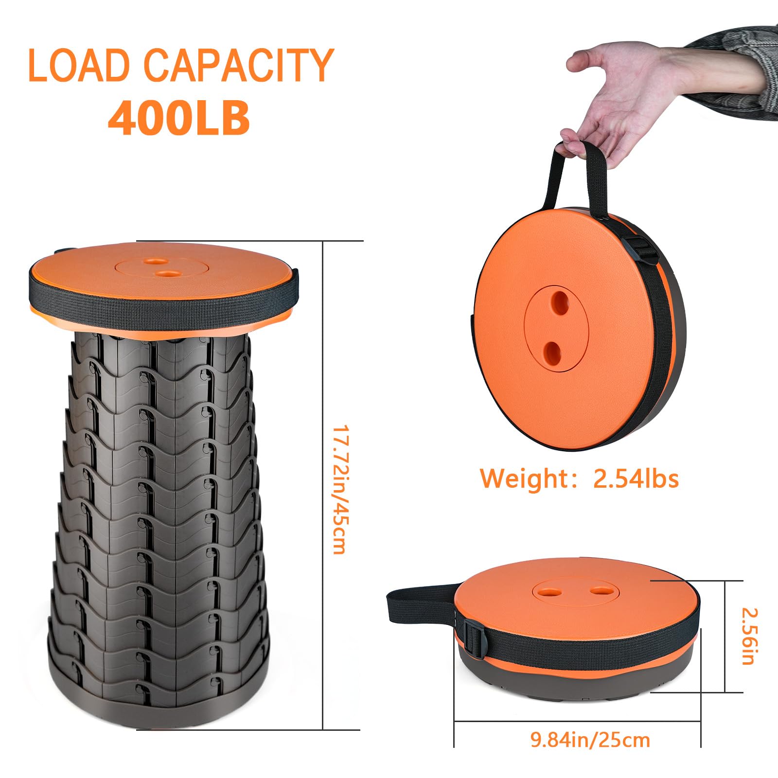 Boreeman Taburete plegable mejorado, ligero pero más resistente, con capacidad de carga de 400 libras, taburete plegable portátil retráctil para camping, pesca, senderismo, barbacoa (naranja)