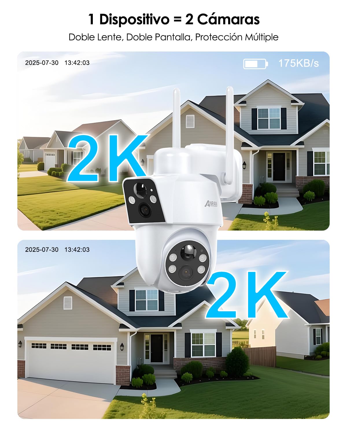ANRAN 2 En 1 Doble Lente 2K Camara Vigilancia WiFi Exterior, 2Pcs