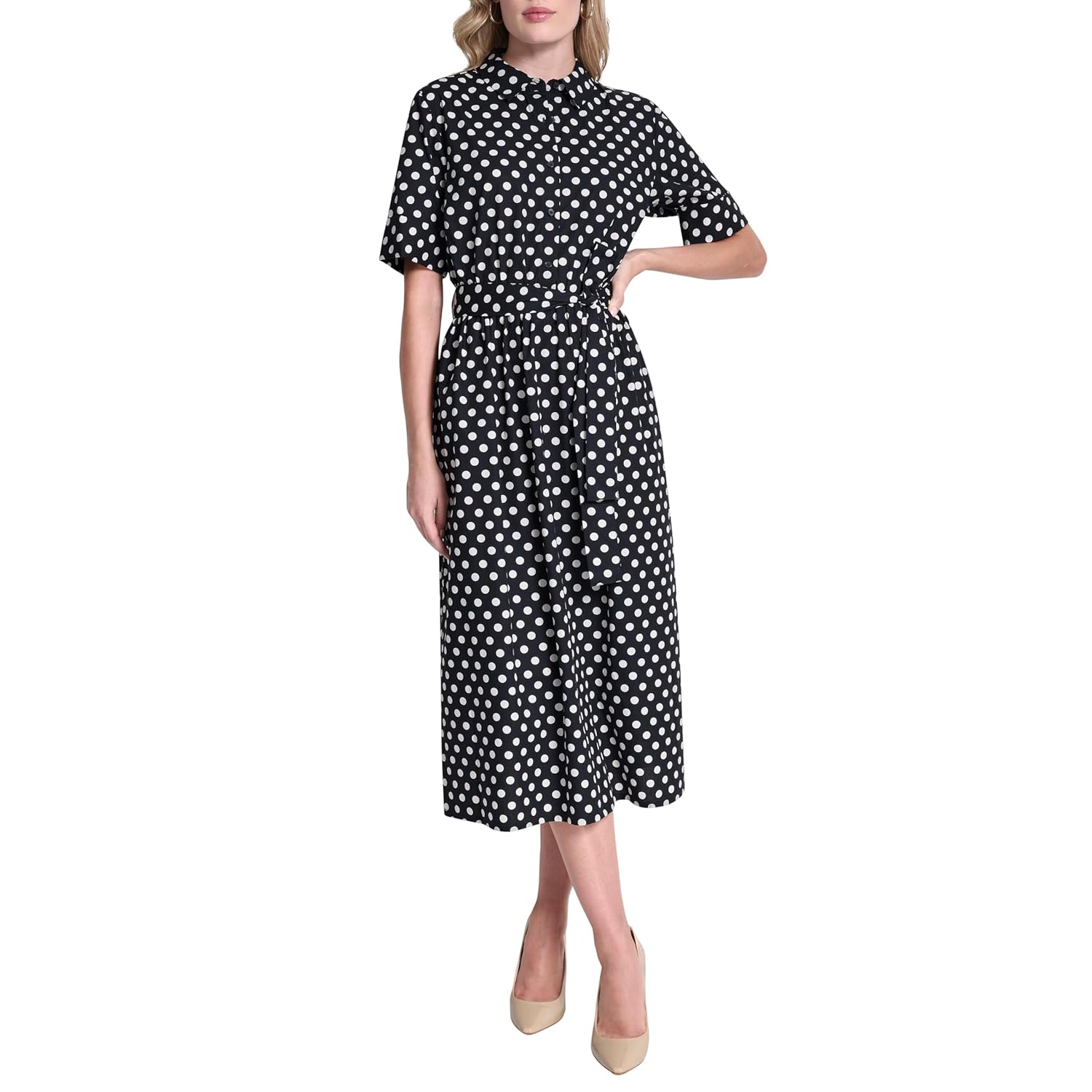 DKNY Womens Short Sleeve Cotton Poplin Collared Shirtdress