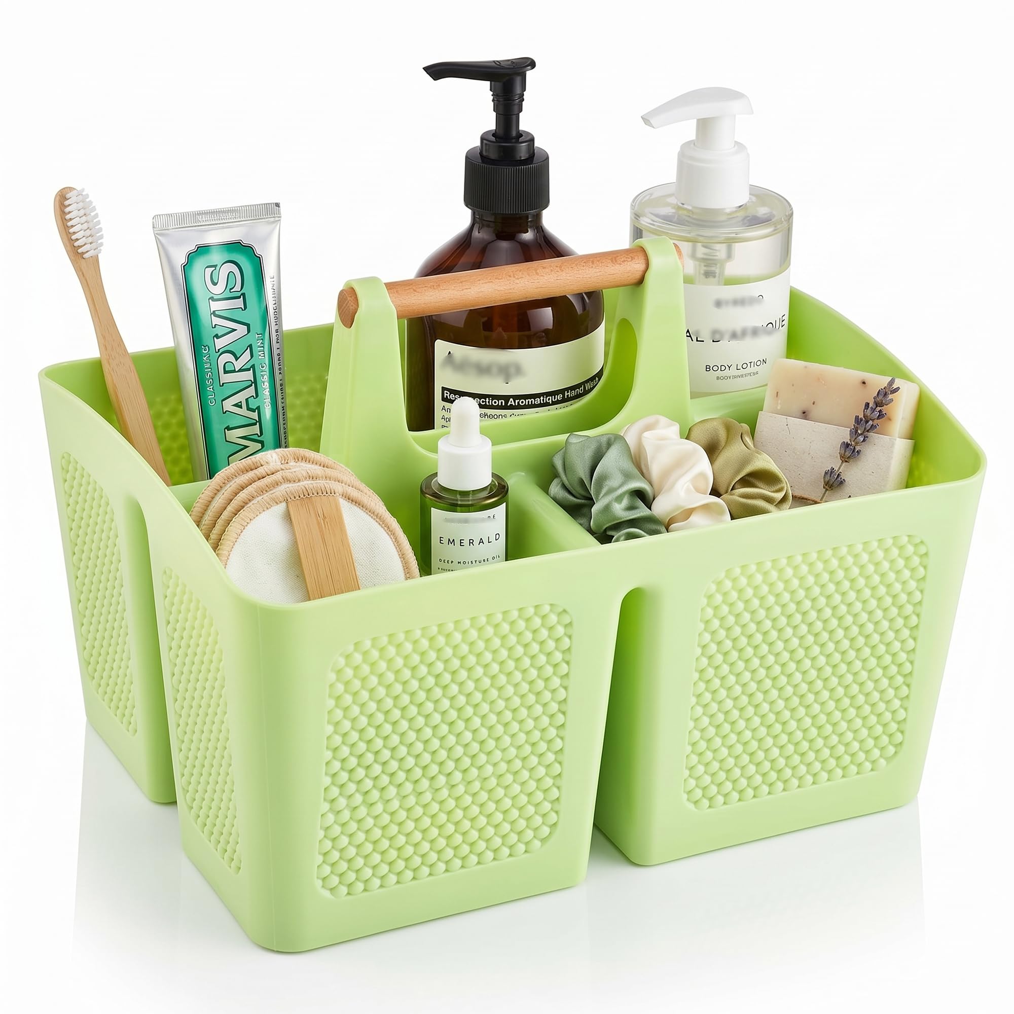 Haundry Plastic Green Shower Caddy Basket with 3 Compartments, Portable Divided Bathroom Cleaning Caddy Organizer Storage Tote with Handle for Dorm,