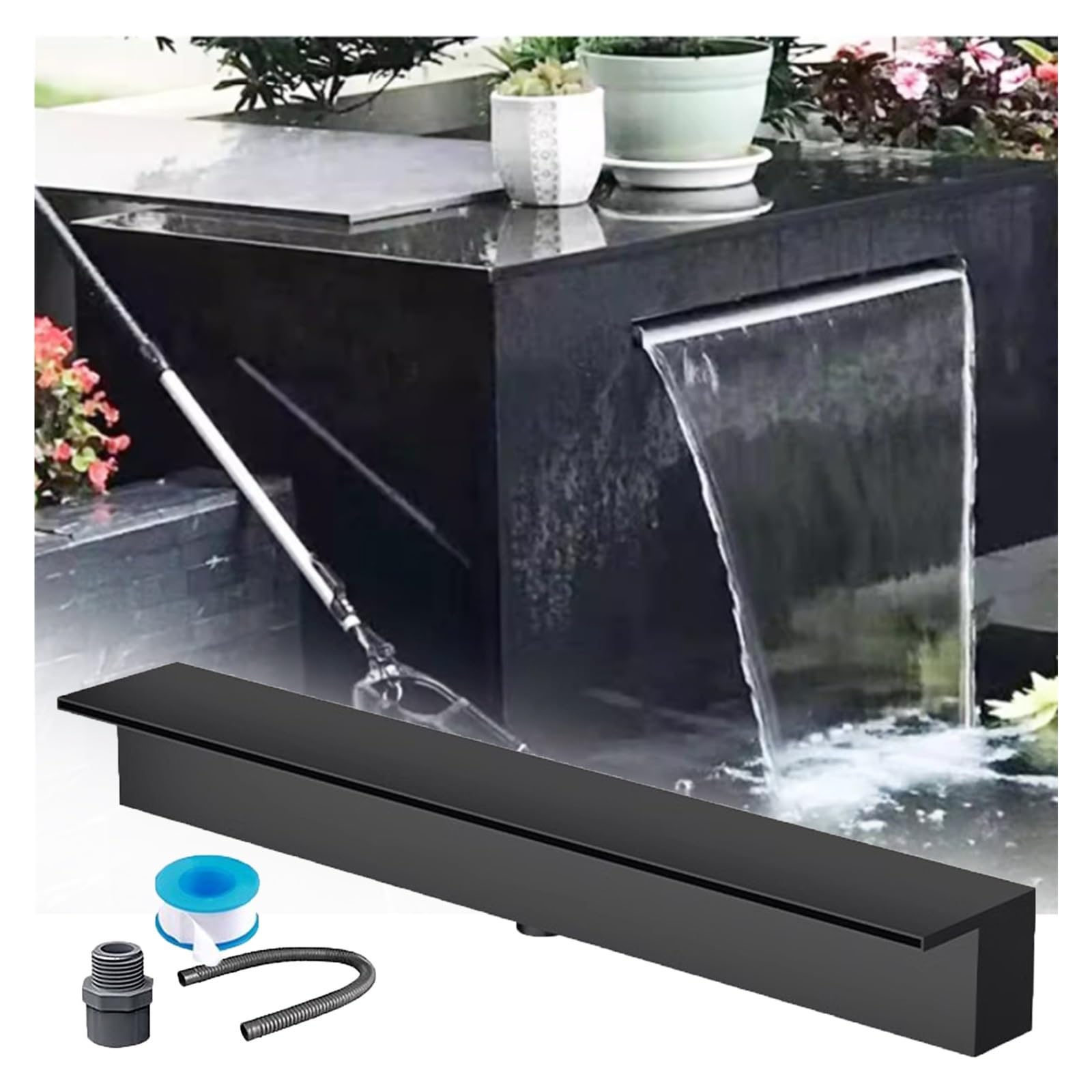 15-Inch Stainless Steel Black Waterfall Spillway for Koi Pond Fountain - Outdoor Garden Decor, Flush Mount Pool Fountain, Overflow Spray Outlet for Yard Landscaping