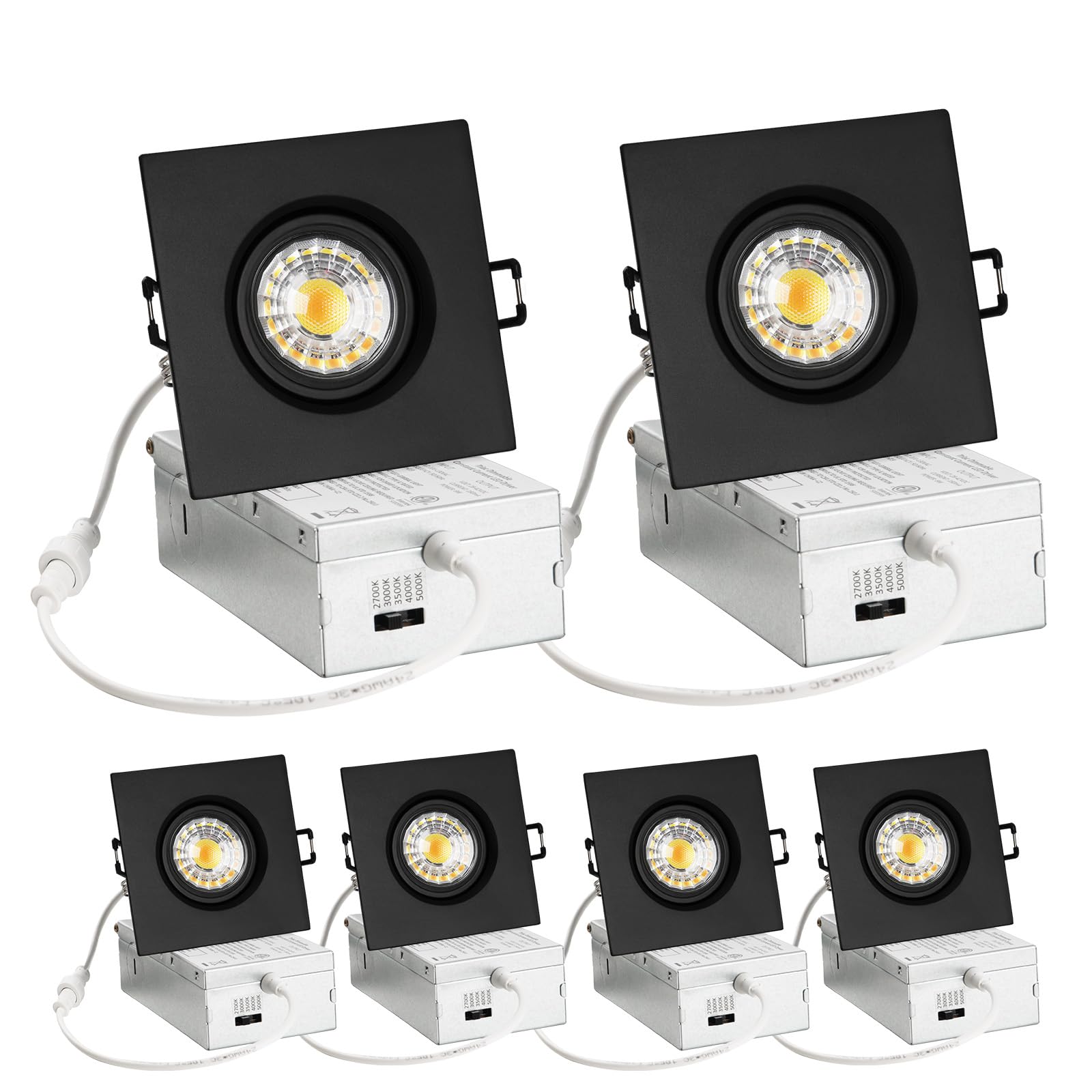 3 Inch Canless Recessed Gimbal Downlight, 360° Rotatable Black Square Spotlight, 8W 850Lm High Brightness, 5CCT LED Recessed Light with Junction-Box, 3 Inch 6 Pack Black