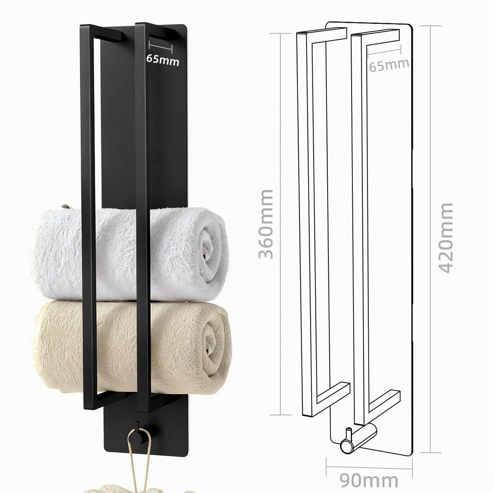 STWWO Porte-Serviettes sans perçage Support Serviette d'invité avec Crochet auto-adhésif 420x90x75mm Porte Serviette Roulé Murale pour Salle de Bain Cuisine, Acier Inoxydable, Noir