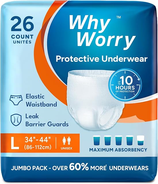 WhyWorry Incontinence Underwear for Women and Men, Disposable Adult Pull Ups with Maximum Absorbency, Adult Diaper Pants Overnight, Odor Control, Unisex, Large, 26 Count | Disposable Adult Pull Ups with Maximum Absorbency, Leakproof Adult Diaper Pant