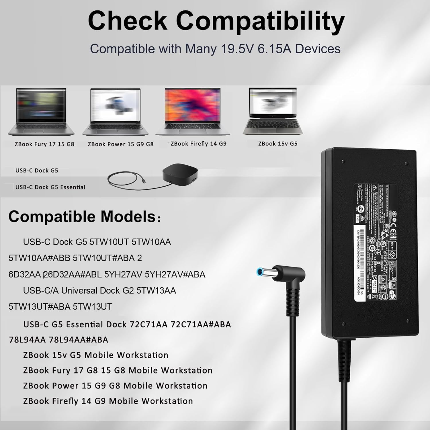 120W 6.15A Charger 710415-001 L41856-001 for HP USB-C Dock G5 5TW10UT 5TW10AA 5TW10AA#ABB 5TW10UT#ABA USB-C/A Universal Dock G2 5TW13AA HP Omen 15-5000 15-5100 15-5200 Laptop Charger