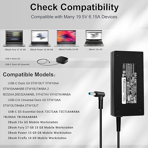 Miniatura 3 de Cargador de 120 W 6.15 A 710415-001 L41856-001 para HP USB-C Dock G5 5TW10UT 5TW10AA 5TW10AA #ABB 5TW10UT#ABA USB-C/A Universal Dock G2 5TW13AA HP