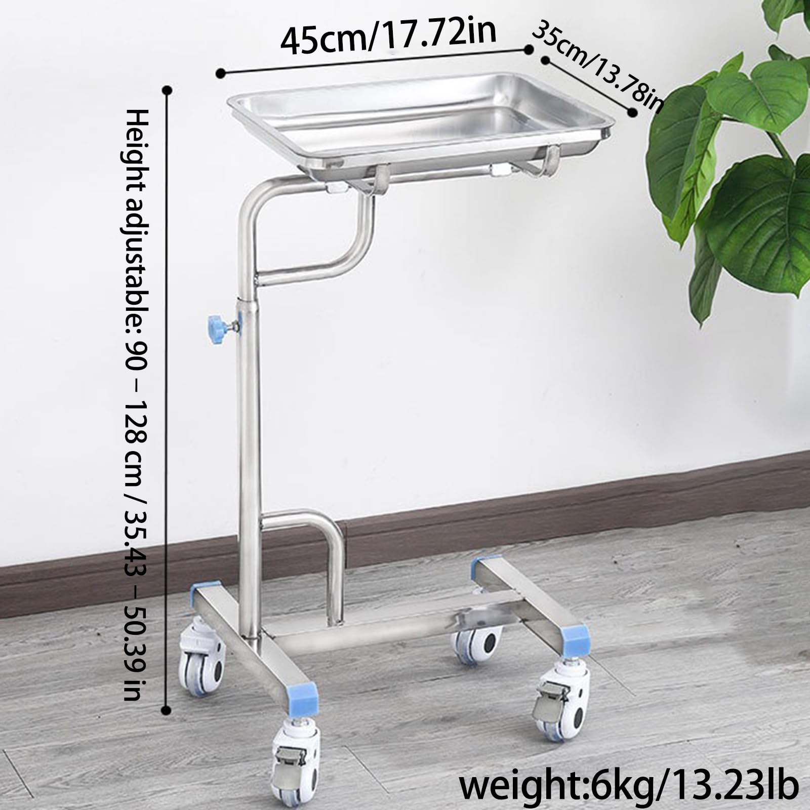 Carro MéDico, Carro De Laboratorio Bandeja MéDica ExtraíBle Equipado con Cuatro Ruedas Silenciosas, Altura Ajustable De 90 A 128 Cm, Acero Inoxidable 304 para ClíNica Hospital,Plata,A