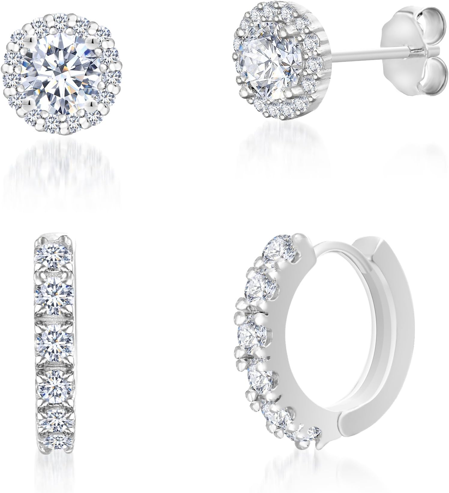 Mia Sarine Rhodium Plated 925 Sterling Silver 2 Cttw Round Cubic Zirconia Stud & Hoop Earrings for Double Pierced Ears 2pc Set