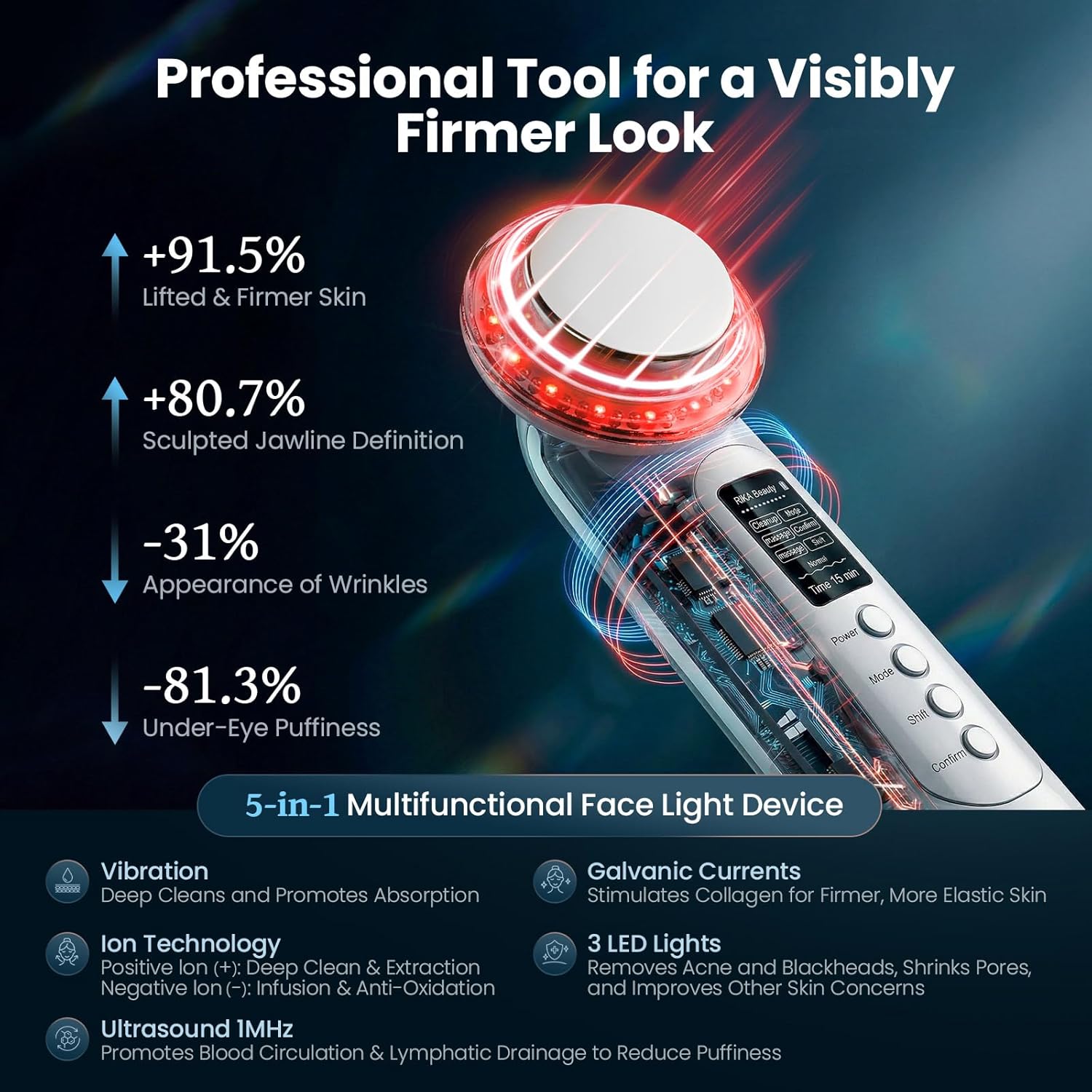 Rika LED facial massager. Photo LED light therapy Facial Massager, Light Therapy Device for Acne, Vibration Skin Firming Care