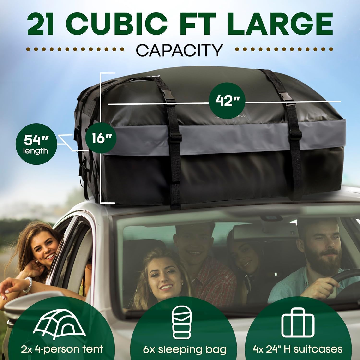 21 Cubic Feet Car Rooftop Soft Shell Cargo Carrier, 100% Waterproof - Car Storage for All Vehicle with/Without Racks - Attached Anti Slip Mat, Storage Bag, 6 Door Hooks and 6 Straps - Image 6
