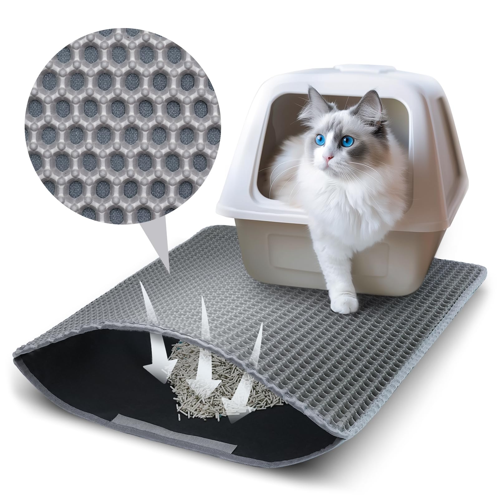 Kattenbakmat, dubbellaags honingraat kattenvoermat, duurzame waterdichte kattenbakmat, beschermt vloer en tapijt, gemakkelijk schoon te maken kattenkussen (50 x 40 cm