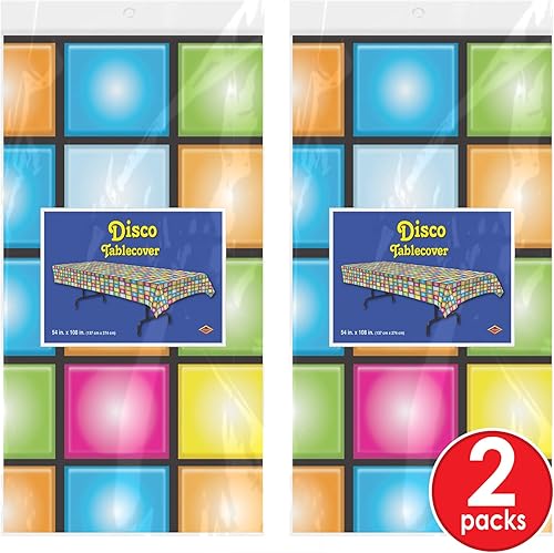 Miniatura 6 de Beistle Paquete de 2 manteles rectangulares de plástico multicolor de discoteca, decoraciones de fiesta temática de los años 70, suministros de