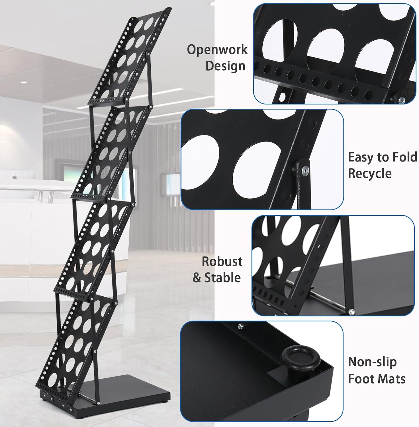Brochure Display Stand Foldable Magazine Rack, Metal Brochure Holder Literature Rack with Carrying Bag, 4 Pockets Literature Stand for Exhibition Trade Show and Office Retail Store, Black