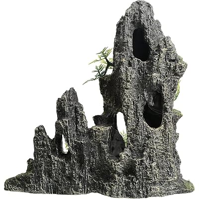 Aquarium Decorations Large Mountain View Stone Rock Cave Resin Betta Shrimp Hideout Ornaments with Small Plants Fish Tank Decorations