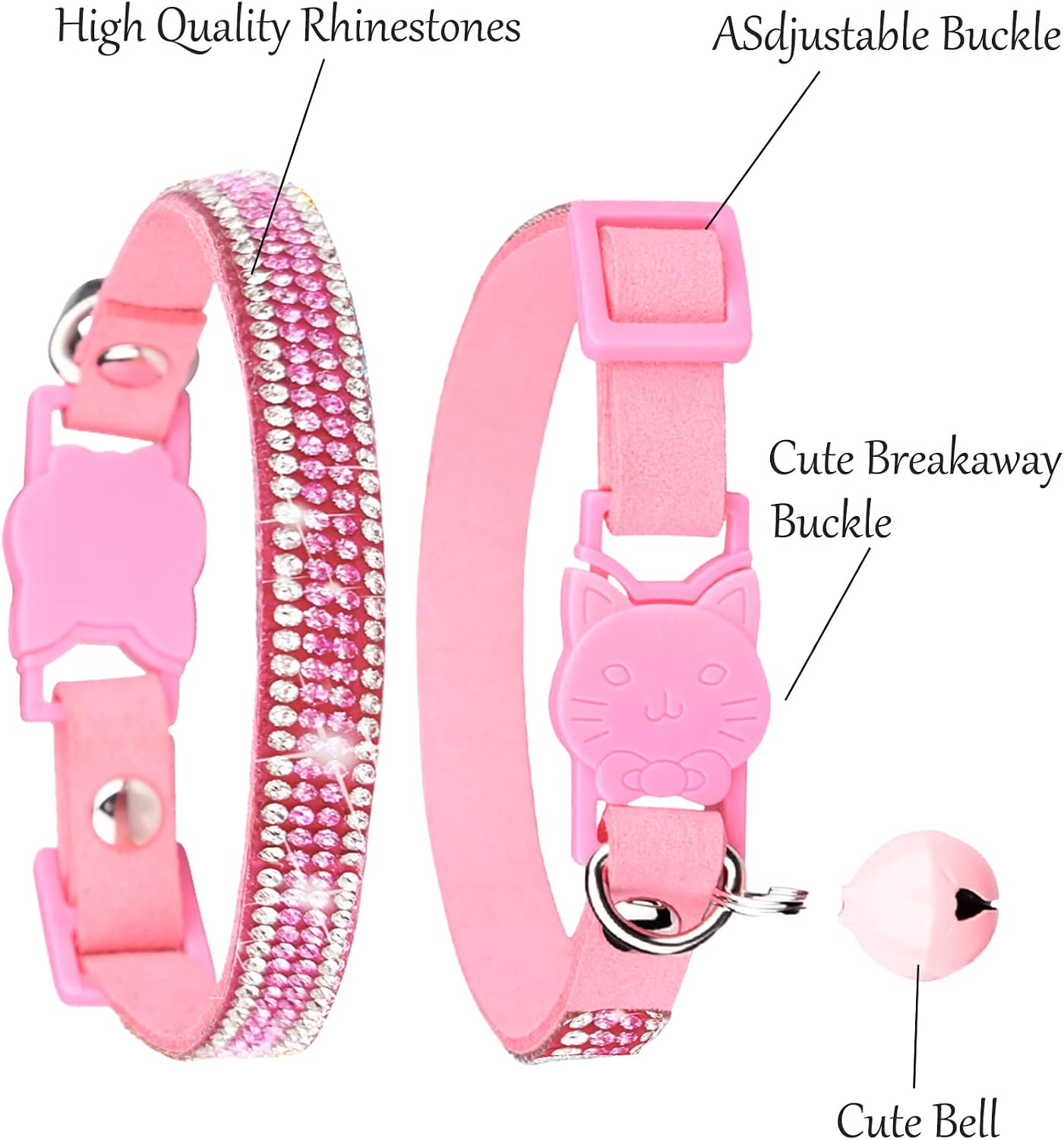 Petank Pink Bling Rhinestone Cat Collar with Bells for Girl Kittens image 3