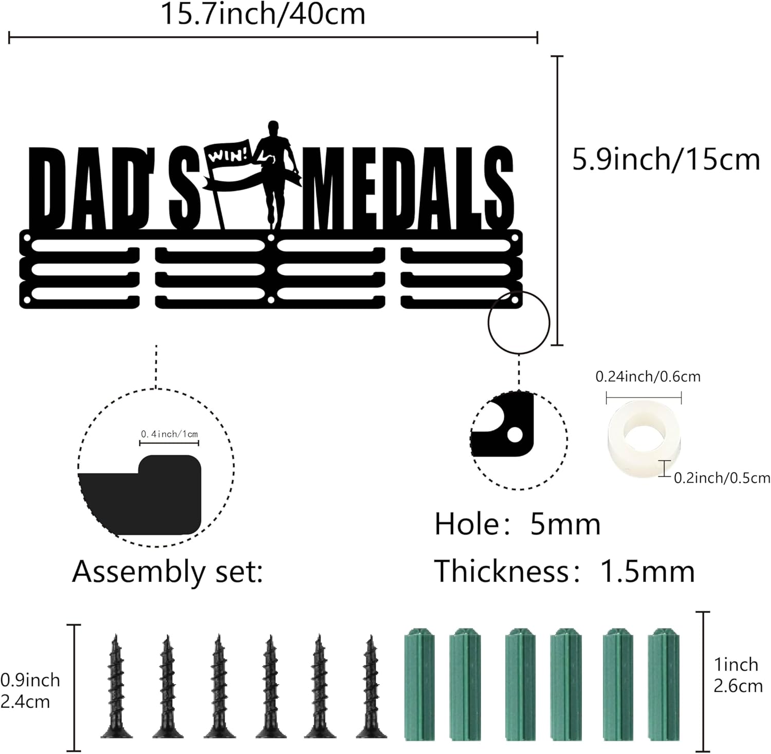 CREATCABIN Dad's Medals Medal Hangers Display Running Medal Holder Rack Sports Metal Hanging Athlete Awards Iron Wall Mount Decor over 60+ Medals for Running Race Marathon Football Black 15.7x5.9 Inch