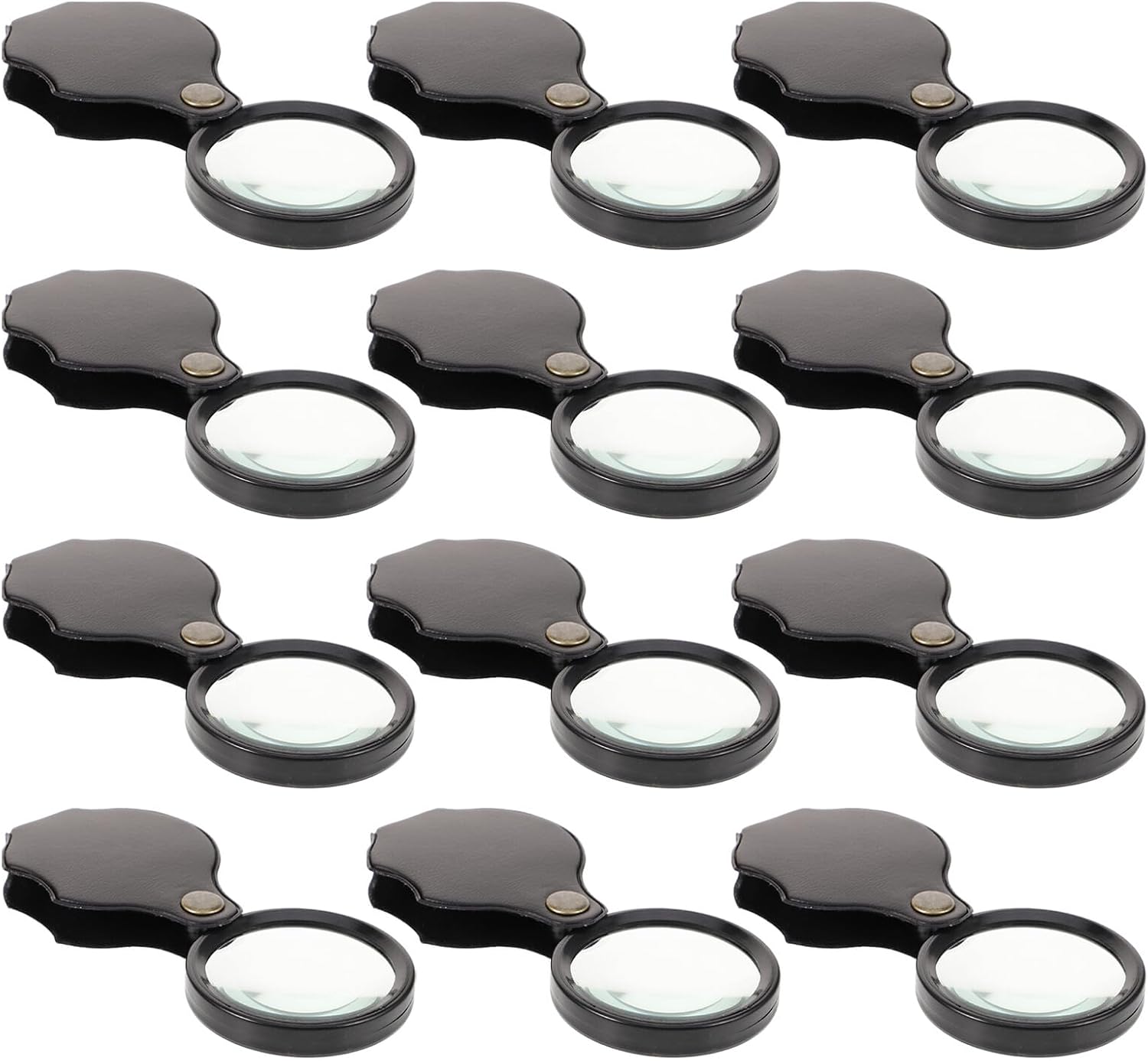 12pcs 10x 50mm Folding Pocket Magnifier with Leather Case, Mini Jewelry Watch Repairing Loupe, Portable Small Hand Magnifier for Jewelry Inspection and Travel