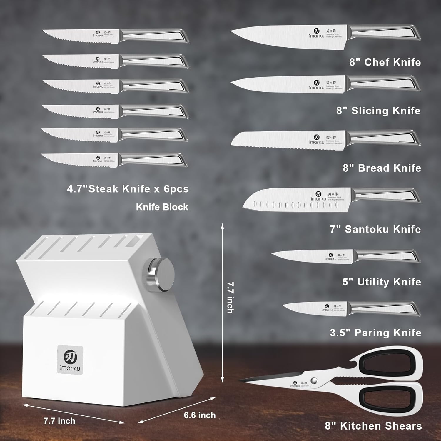 imarku 14-Piece Knife Set with Block, Built-in Sharpener, High Carbon Stainless Steel Kitchen Knives, Dishwasher Safe, Rust Resistant, Non-Slip Handle – Gift for Home Cooks & Chefs, White - Image 2