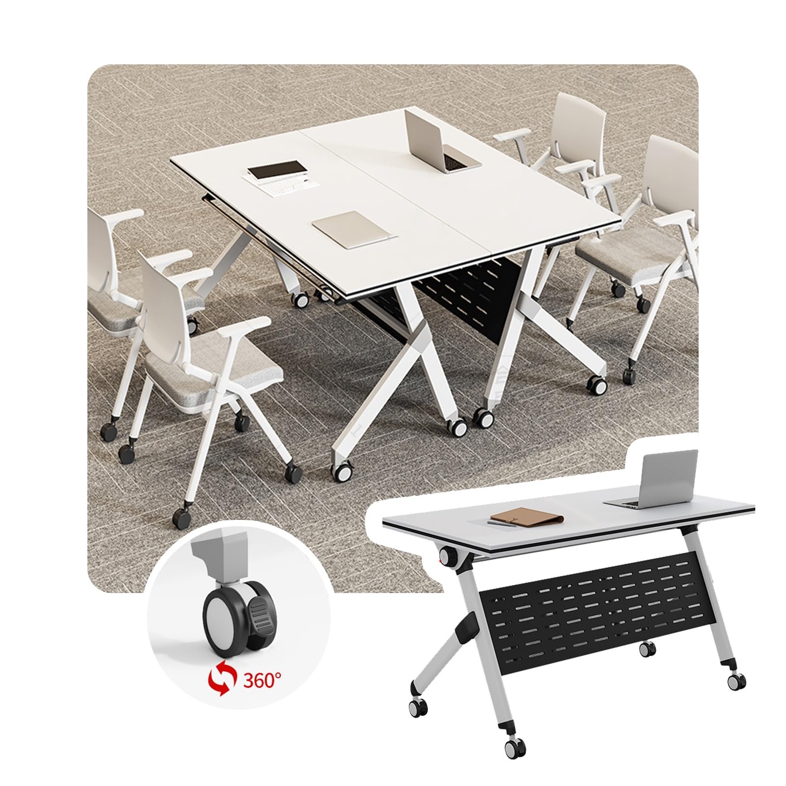 Großer Konferenztisch mit Stahlrahmen, Holzplatte und Aufbewahrungsregal, ideal für Arbeitszimmer, Trainingsraum, Weiß, 139,7 x 61 x 76,2 cm und 160 x 61 x 76,2 cm
