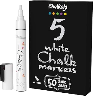 Chalkola White Chalk Markers for Blackboard, Chalkboard Sign, Window, Bistro, Car, Glass (5 Pack 6mm) - Liquid Chalkboard Markers Erasable - Paint Chalk Pens Washable Ink Reversible Tip + 50 Labels