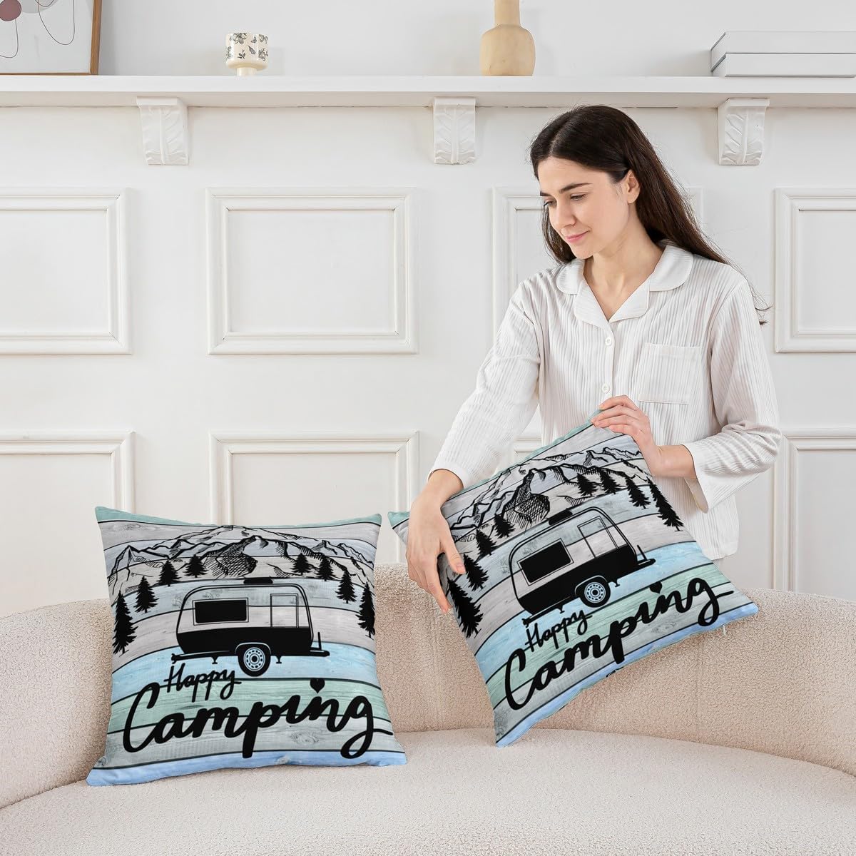 Camper Pillow Cases Cushion Covers Kids Happy Camping Throw Pillow Covers 24"x24" Set of 2 Soft Decor RV Camping Decorative Throw Pillowcases Cartoon Camping Car Wood Grain Blue Cushion Cases Bedroom