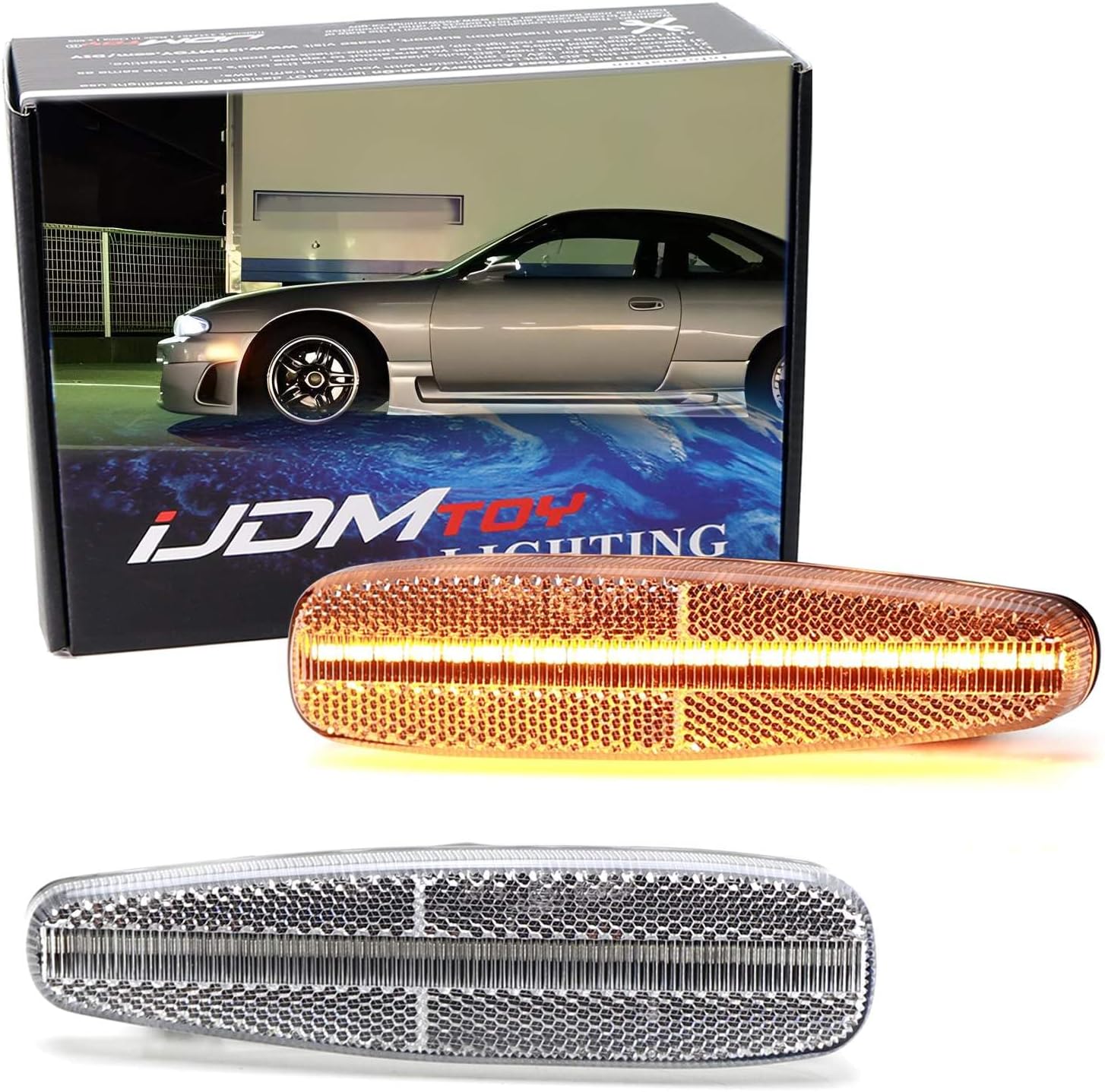 iJDMTOY JDM Style Semi-Clear Lens Front Bumper Amber Full LED Strip Side Marker Light Kit, Compatible With 1995-1998 Nissan 240SX Silvia S14
