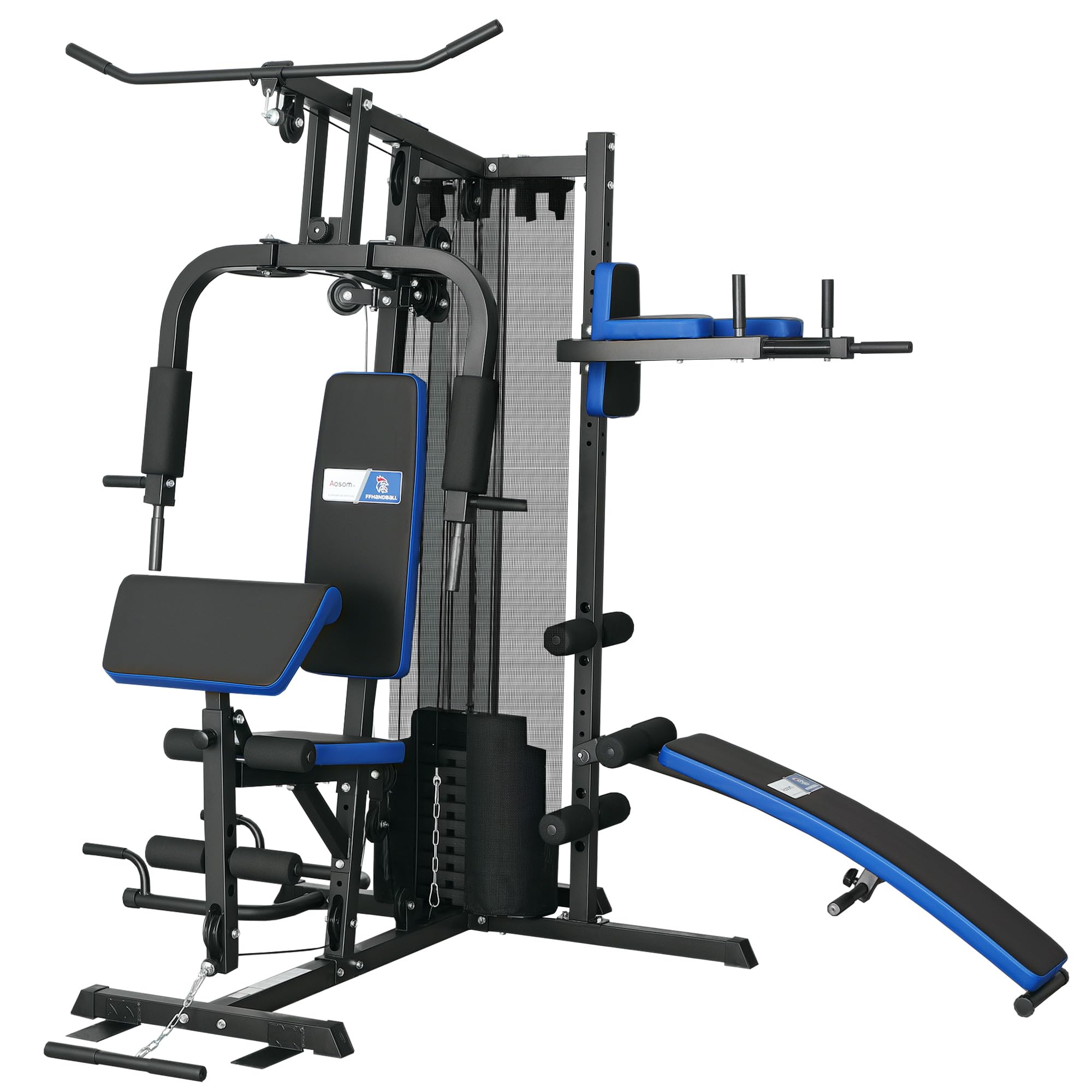 SPORTNOW Station de Musculation Multifonction Ajustable - Collaboration Aosom.FR x FFHandball - Banc Fitness 10 contrepoids 65 kg avec Filet de Protection Appareil de Musculation à Domicile
