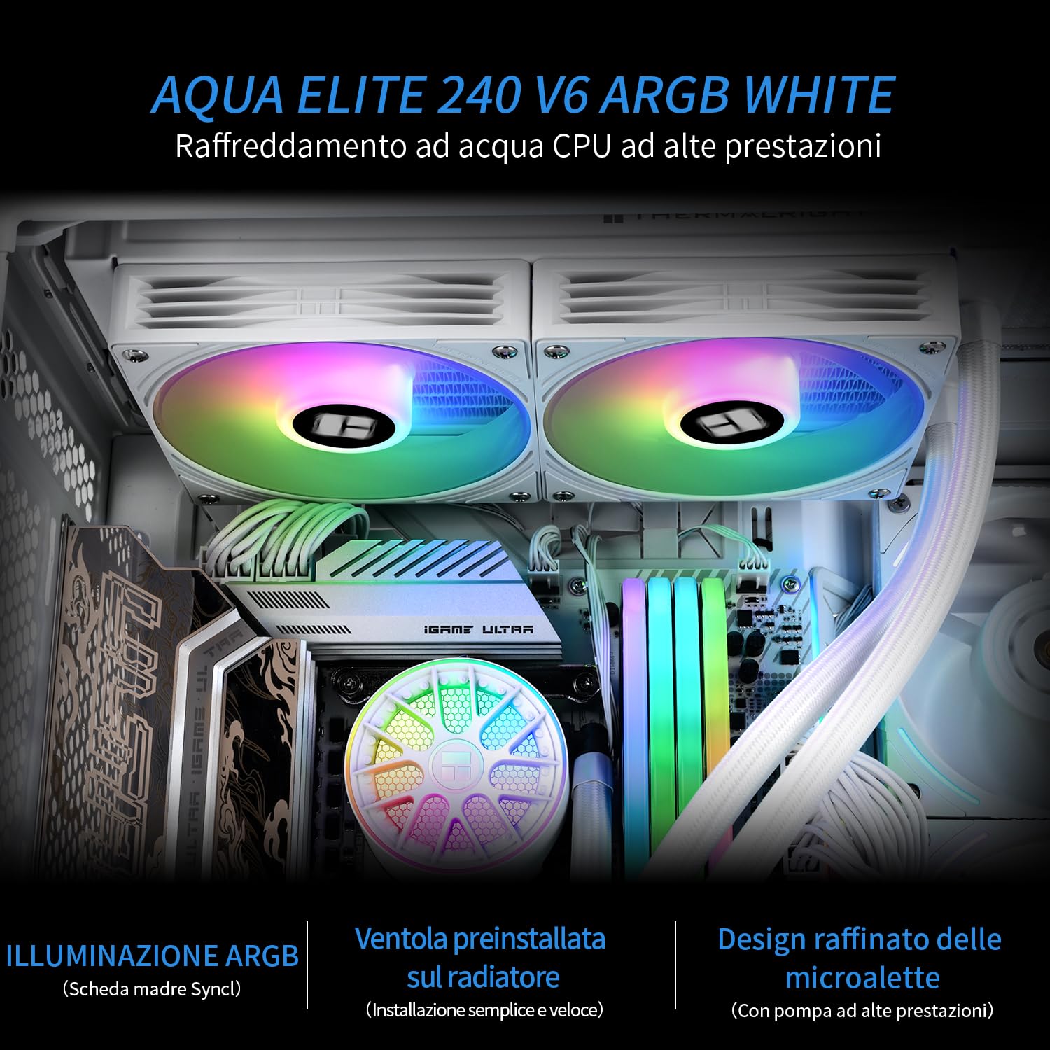 TR-AQUA ELITE 240 V6 ARGB Blanc-Refroidisseur de liquide CPU, pompe efficace contrôlée par PWM, pour AM4/AM5, Intel LGA1150/1151/1200/2011/1851/1700, radiateur intégré refroidi à l’eau-Blanc