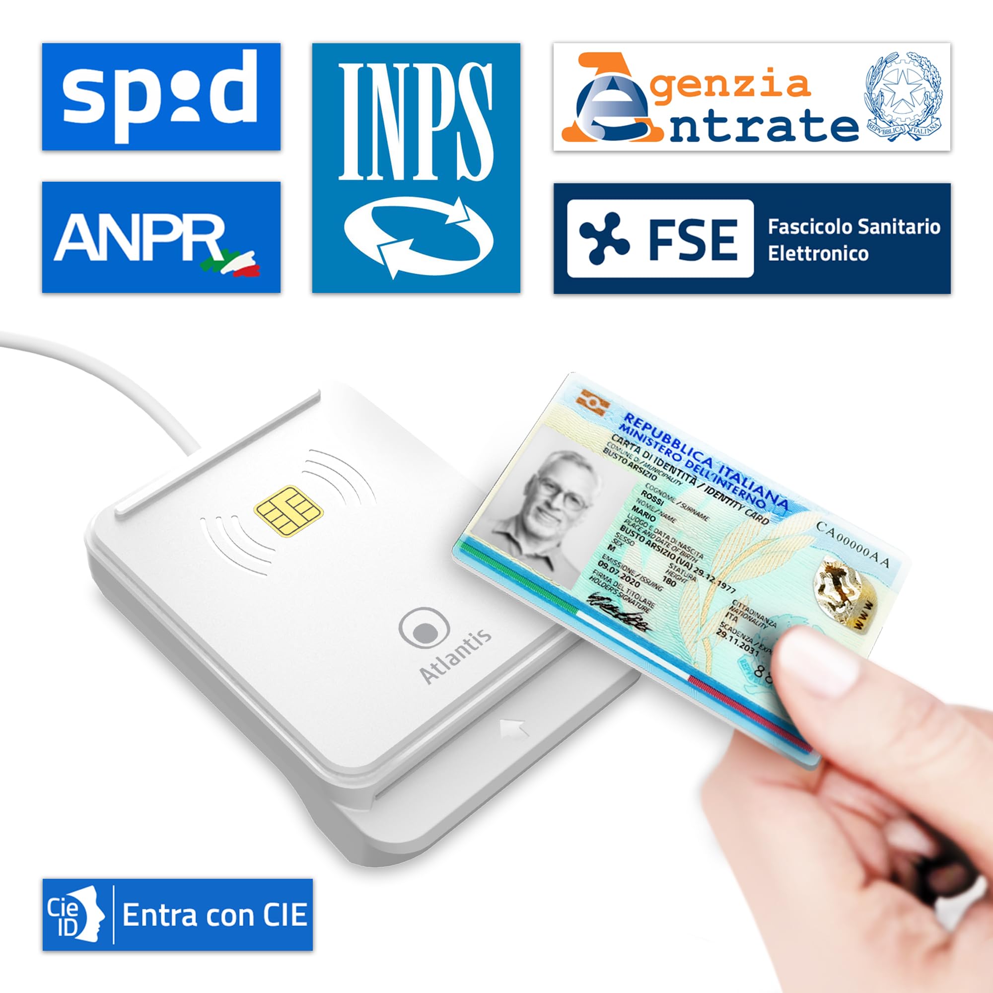 Atlantis Czytnik cie 3.0 włoski elektroniczny dowód osobisty i karta zdrowia, czytnik kart inteligentnych cns krajowa karta serwisowa, odpowiedni do INPS, ag. dochodów, INAIL, dokumentacja zdrowotna
