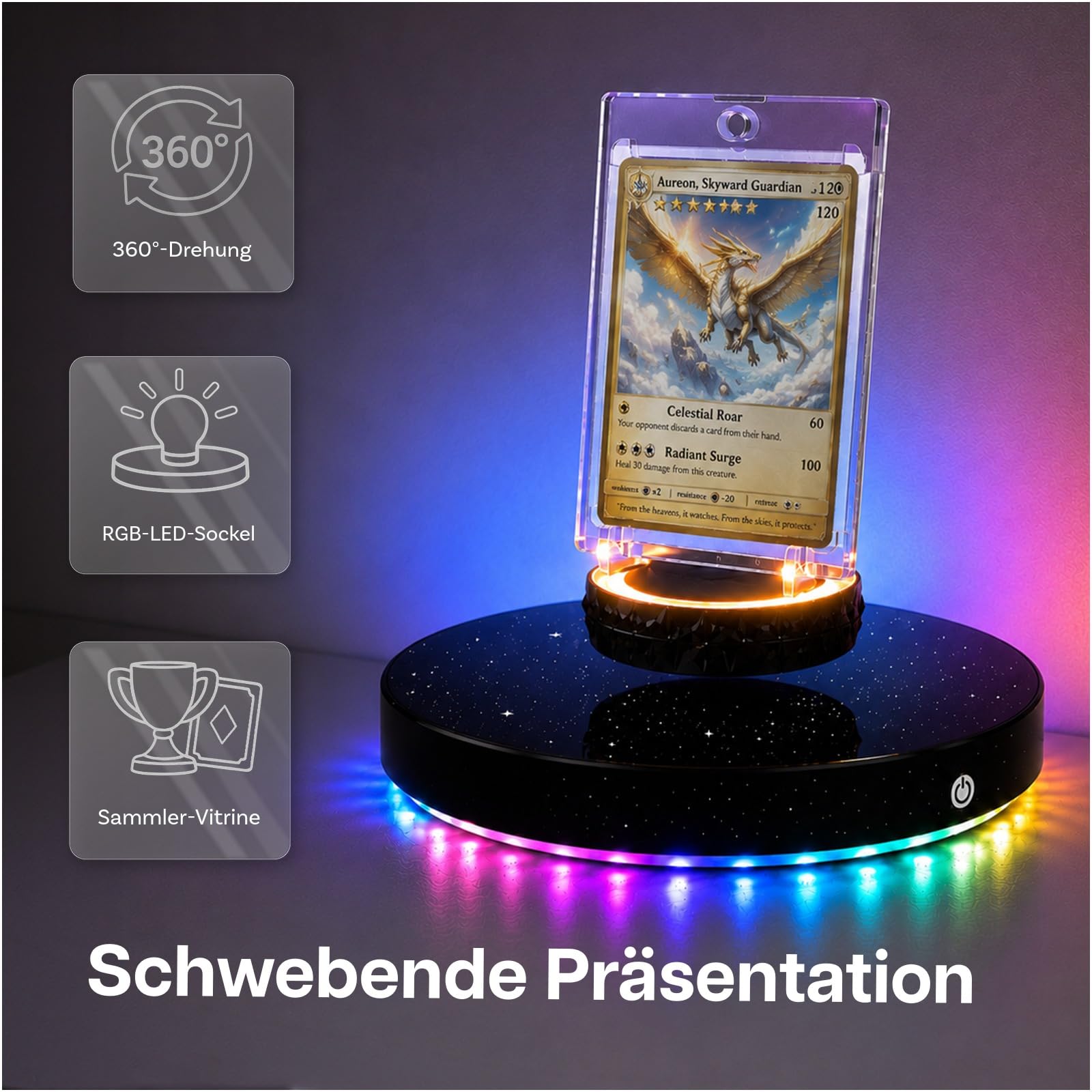 MMOBIEL Magnetisches Schwebendes Display für Karten 360° Drehbarer Display Ständer mit Magnetischem Kartenhalter, LED Basis & Adapter – Für Sammelkarten, Tradingkarten und Limitierte Karten