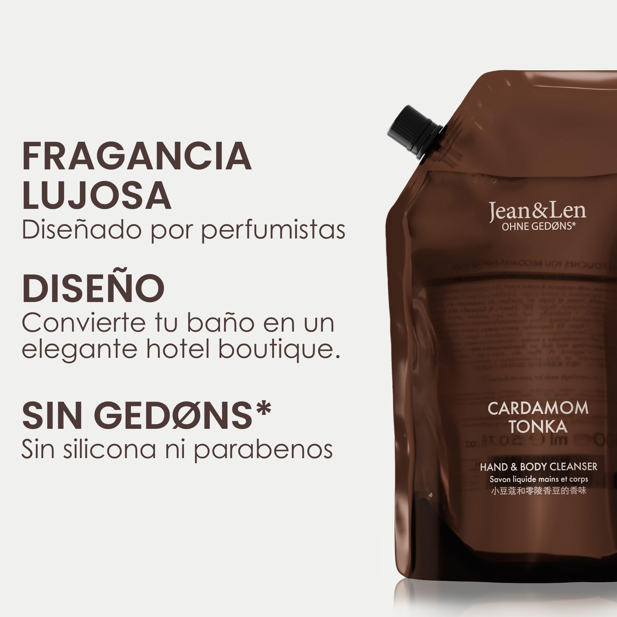 Jean & Len Hand & Body Cleanser Cardamom & Tonka en bolsa de recarga, para una experiencia de limpieza aromática, aroma exótico y especiado, jabón líquido de recarga, vegano, 1,5 L