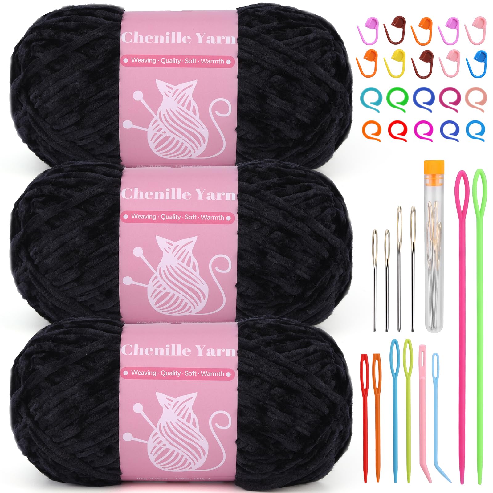 LUNARM Chenille Yarn for Crochet Knitting Chunky Blanket Velvet Yarn | 3 Pack 3.5oz/100g 486 Yard Black Chenille Yarn for Beginners Knitting Scarves with Big Eye Needles Machine Washable