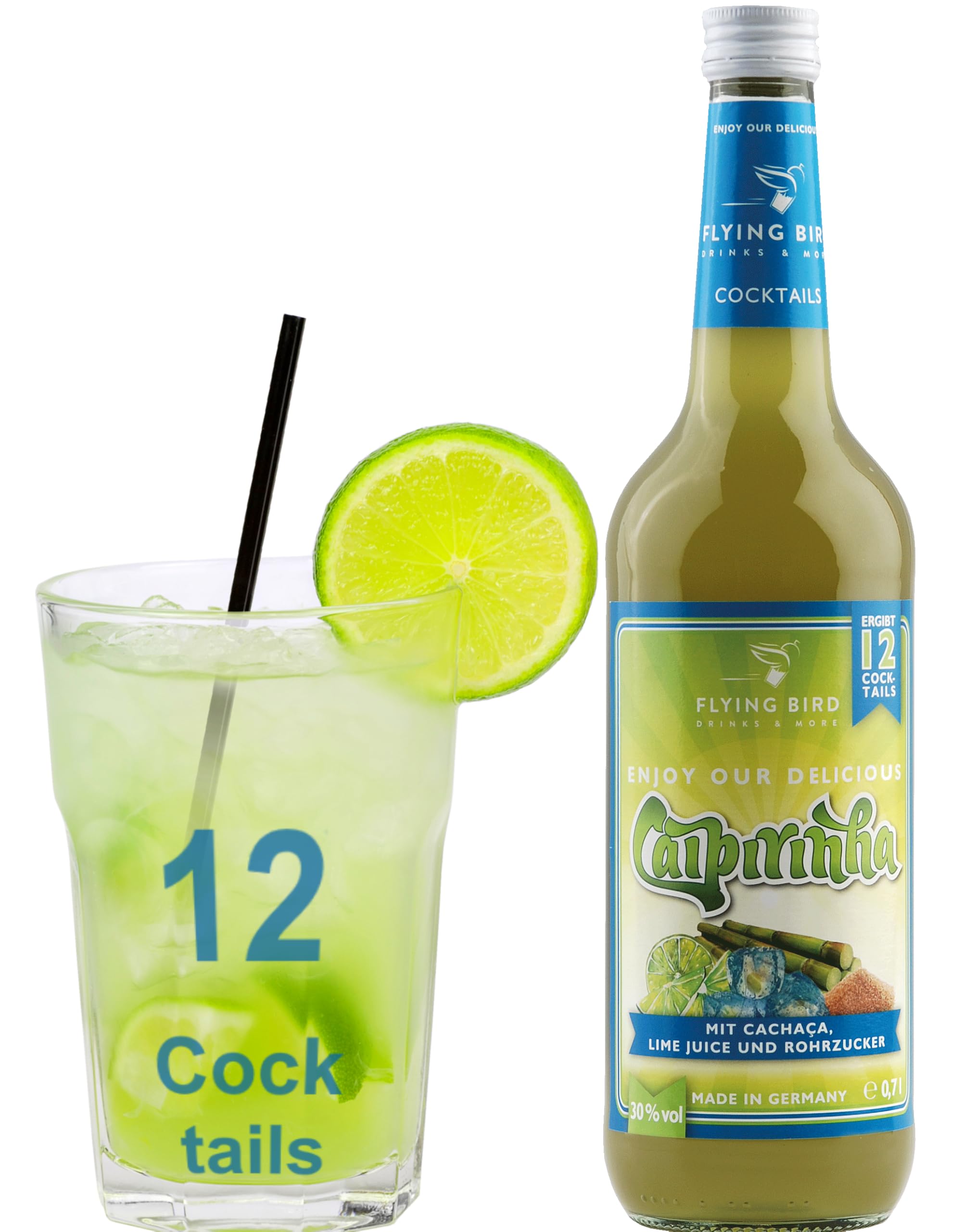Flying Bird Caipirinha für 12 Cocktails fertig gemixt | 0,7l Flasche mit allen Zutaten | einfach auf Eis servieren