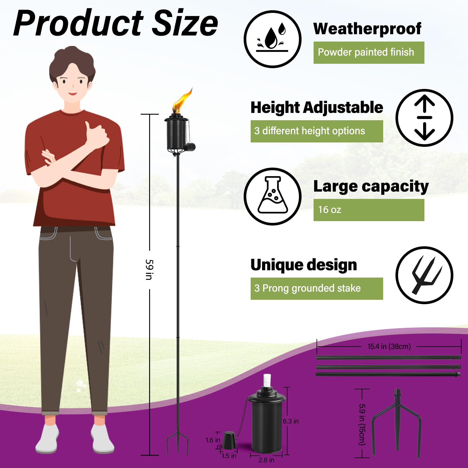 FAN-Torches Home Garden Torch Set of 4, 16oz Outdoor Metal Torch Garden Décor, 59-Inch Upgraded Citronella Torches with 3-Prong Grounded Stake, Metal Light Torches for Party Patio Pathway