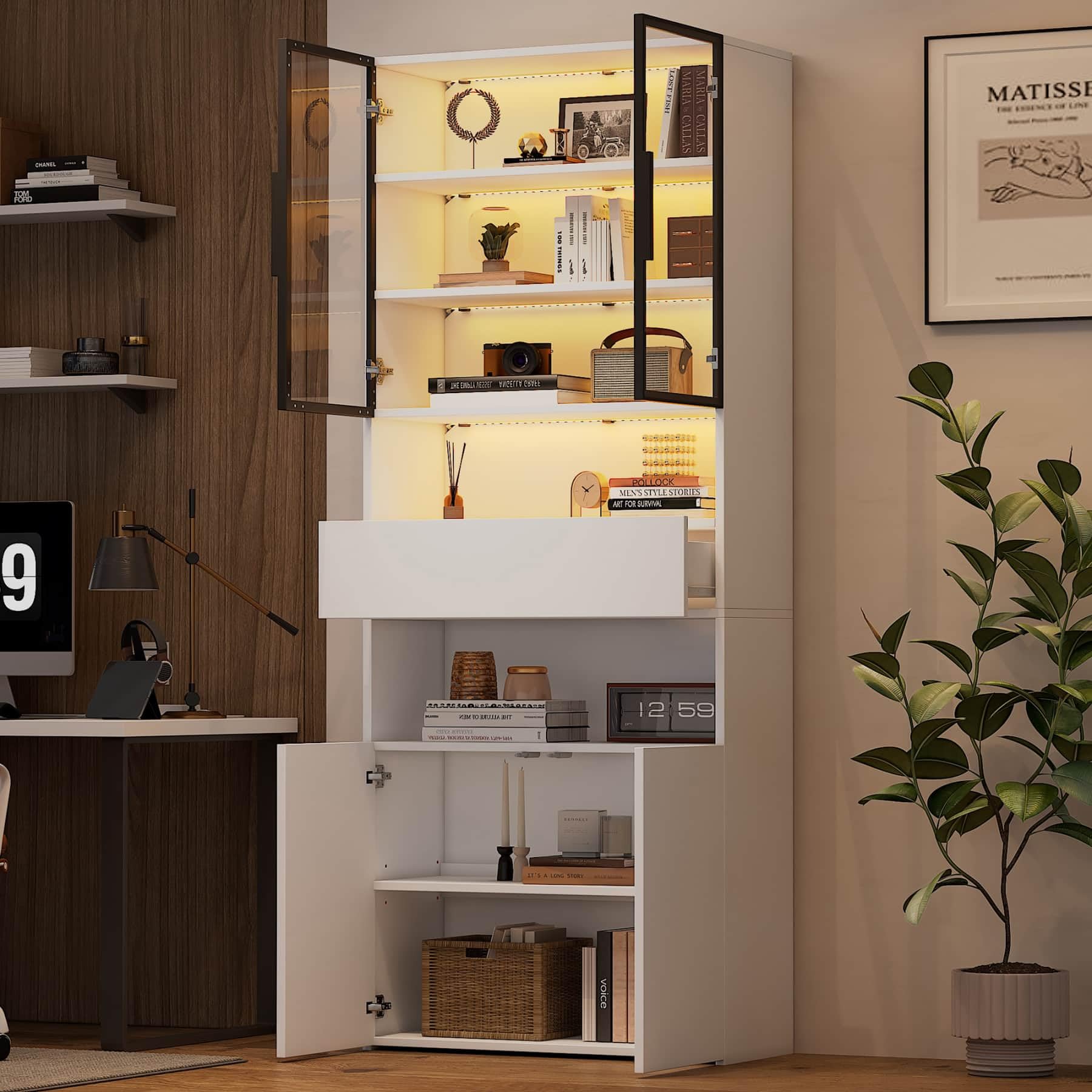 YEHTOKHOME Vitrina con LED y 2 puertas de cristal (blanco) | Cajón, estantes ajustables, biblioteca para libros y colección, para salón, dormitorio u oficina