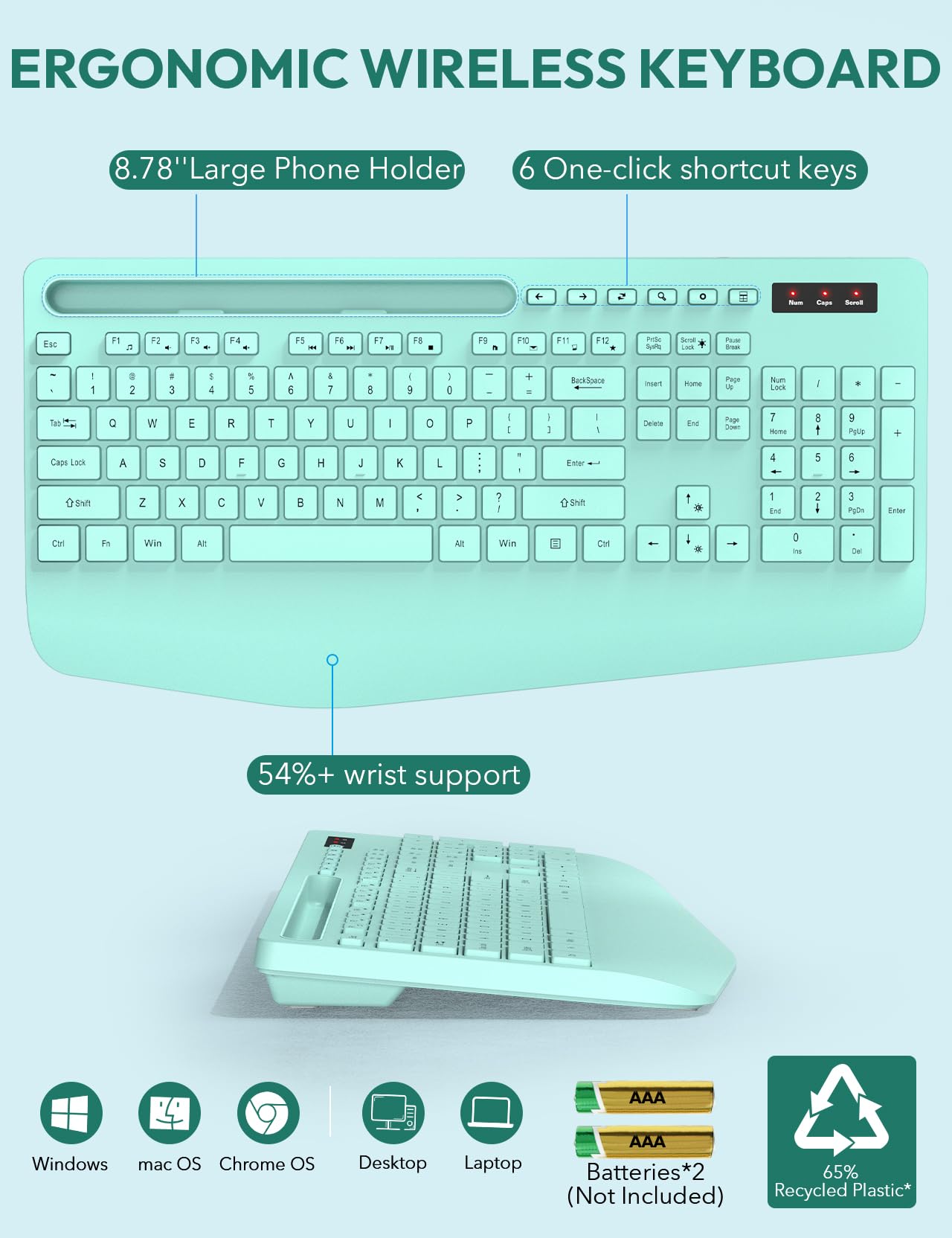 SABLUTE Bezprzewodowa klawiatura i mysz, podpórka pod nadgarstek, uchwyt na telefon, baterie w zestawie, ergonomiczna klawiatura 2,4 G, bez opóźnień, zestaw bezprzewodowy, do komputera, laptopa