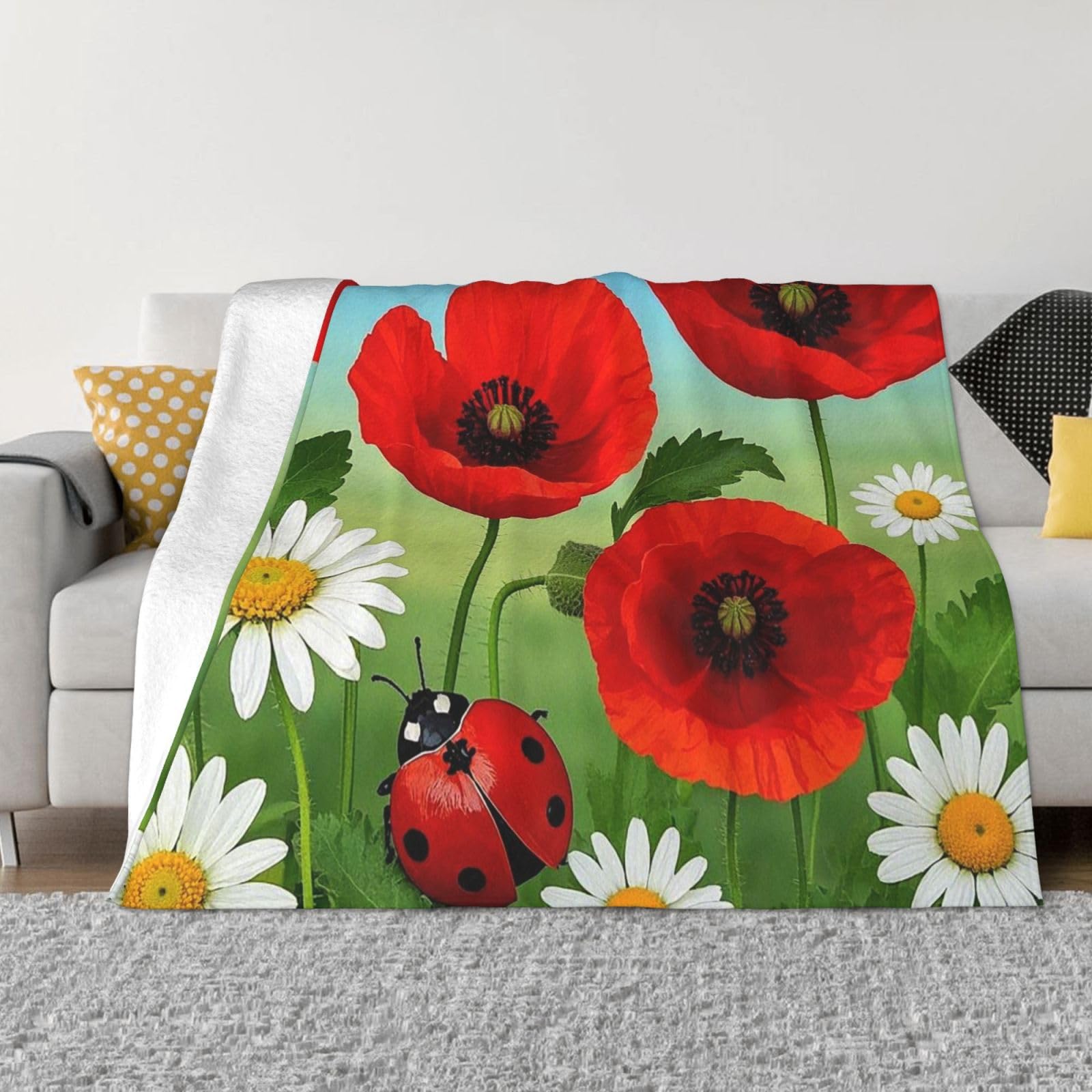FodPand Chamomile Ladybug and Daisy Fleece Blanket 40"x30" Lightweight Warm Throw Blanket for Bed Couch Cozy Air Conditioning Quilt All Seasons Decorative Fuzzy Blankets Gifts for Women Men