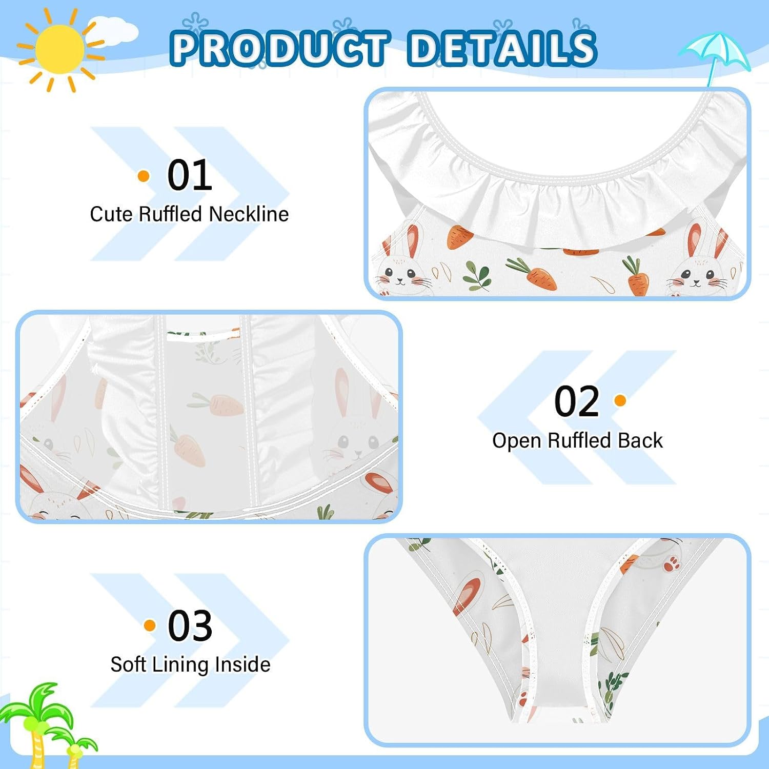 visesunny Girls One Piece Swimsuits Ruffle Swimwear Cute Carrot Rabbit Paws Bathing Suits for Girls 3-6Y