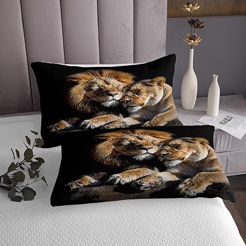 Miniatura 4 de Homewish Juego de colcha de 3 piezas con estampado de león en 3D de pareja de leones para niños, adolescentes, con temática de animales salvajes,
