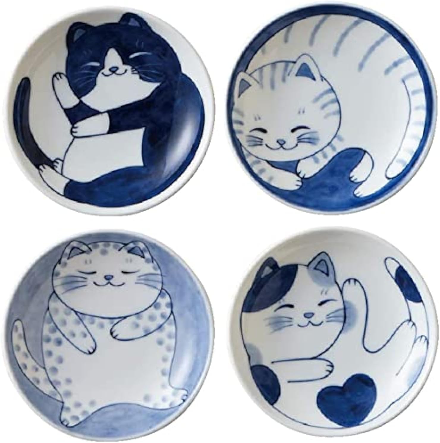 Mino Ware Japanese Small Plate Set Ceramic Cute Cats Design Appetizer Dessert Sushi Sauce 3.94 x 0.8 Inches Set of 4