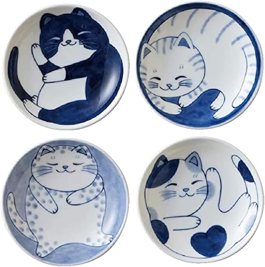 MINO WARE Japanese Small Plate Set Ceramic Cute Cats Design Appetizer Dessert Sushi Sauce Dishes, 3.94 x 0.8 Inches, Set of 4