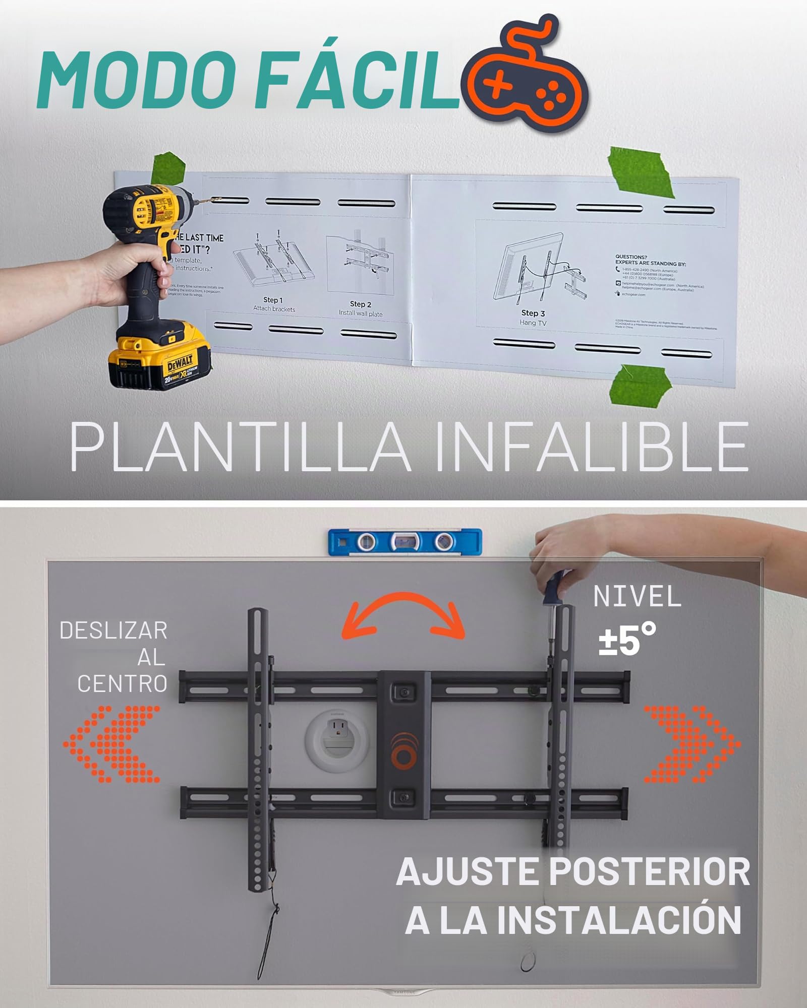 ECHOGEAR Soporte de pared de TV fijo de bajo perfil para televisores de hasta 85"- Sostiene su televisor a solo 2.25" de la pared - Instalación rápida con plantilla y puede nivelar después del montaje